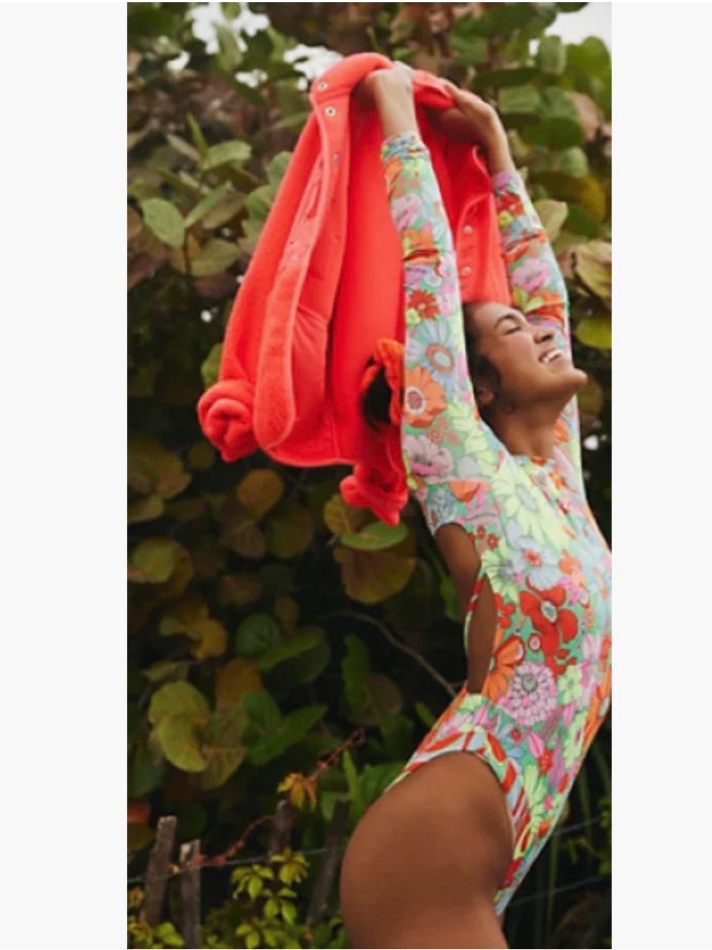 OneOne Ophelia Retro Floral Long Sleeves Open Back High Cut One Piece Swimsuit S